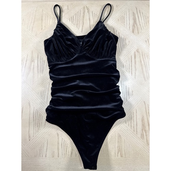 Express Velvet Bodysuit Black Sleeveless Ruched Party Top Blouse Club Date S - Picture 9 of 10